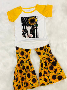 Cow & Sunflower 2 pc Bell Bottom Set