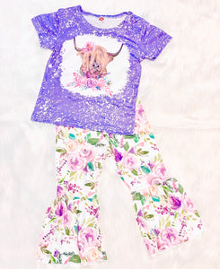 Lavender & Floral Highland Heifer 2pc Bell Bottom Set