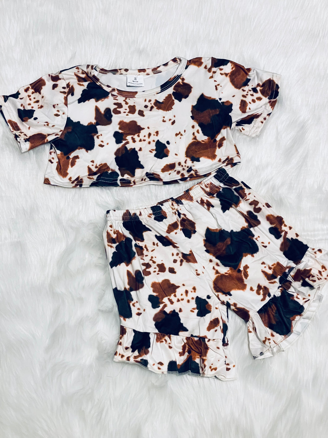 Cowhide Print 2pc Crop Top Ruffled Short Set