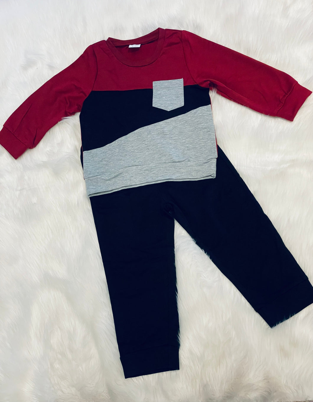 Boys Burgundy, Grey, & Black 2pc Knit Jogger Suit