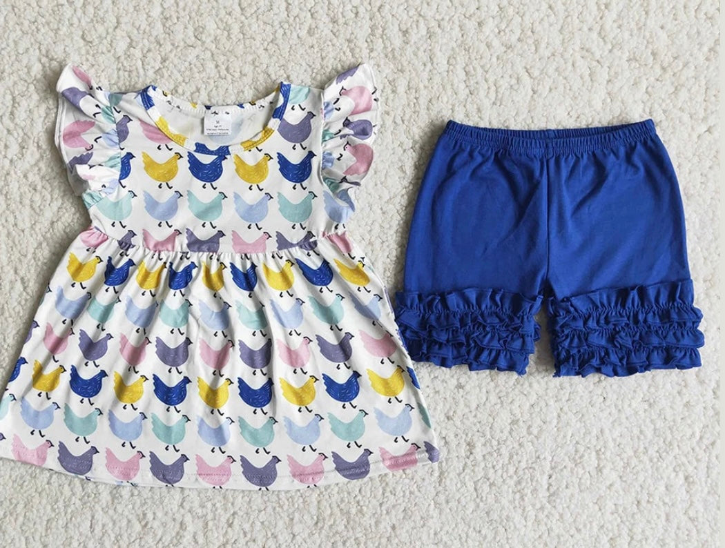 2pc Blue Chicken Ruffled Shorts Set