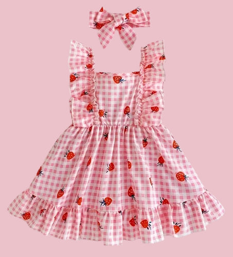 🎈SALE🎈Pink Plaid & Strawberries Sundress With Hairbow