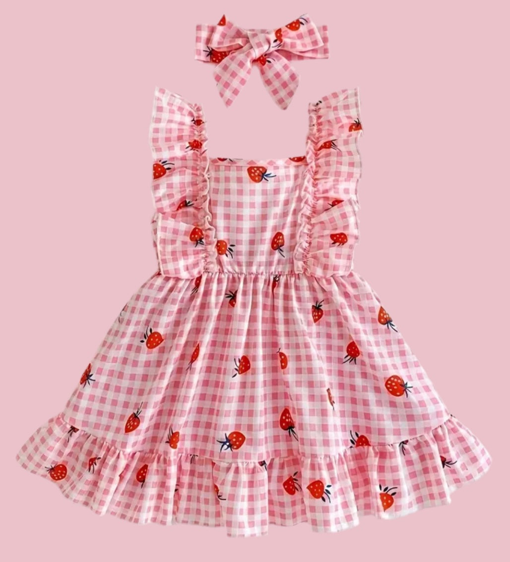 🎈SALE🎈Pink Plaid & Strawberries Sundress With Hairbow