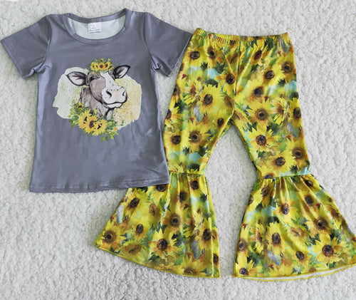 Gray Sunflower & Cow 2pc Bell/Flare Pant Set