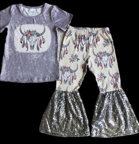 2pc Skull & Flowers Sequins Bell Set