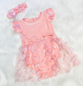 Romper Dress With Butterfly Netting & Matching Headband Bow