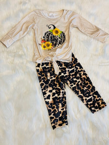 2pc Leopard Pumpkin Tie Knot Shirt & Pant Set