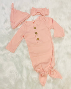 3pc Newborn Tie Knot Gown Set With Hat & Headband Bow