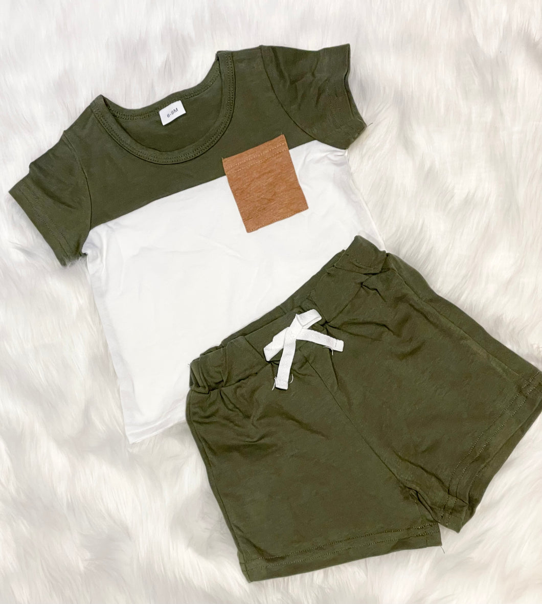 Boys Olive & White w/ Tan Pocket 2pc Short Set