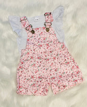 Load image into Gallery viewer, 2pc Floral Overall/Bibs Short Set With Ruffled Sleeve Shirt