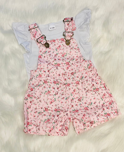 2pc Floral Overall/Bibs Short Set With Ruffled Sleeve Shirt