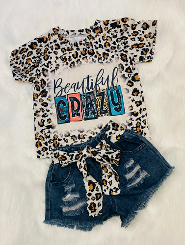 Beautiful Crazy 3pc Leopard/Distressed Denium Short Set w/belt