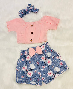 Pink & Slate Blue 3pc Crop/ Short Set with headband