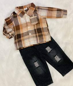 Plaid Flannel/Distressed Jean 2pc Set