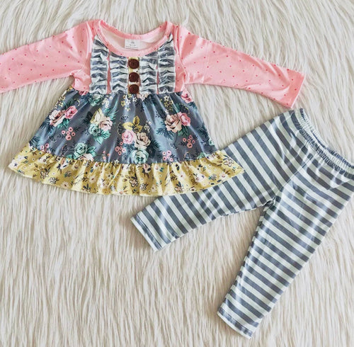 Floral & Grey Striped 2pc Ruffled Set