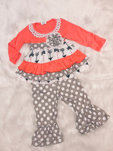 Coral & Gray Dot 2pc Ruffled Set