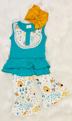 Teal & Honey Bees Ruffled 2 pc Flare Pant Set