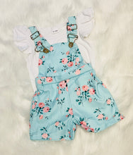 Load image into Gallery viewer, 2pc Floral Overall/Bibs Short Set With Ruffled Sleeve Shirt