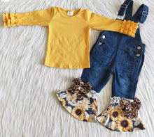 Load image into Gallery viewer, Mustard &amp; Sunflower Ruffle Denium Overalls With Ruffle Sleeve Shirt