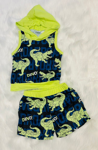 Neon Green & Blue Dino Hoodie Short Set