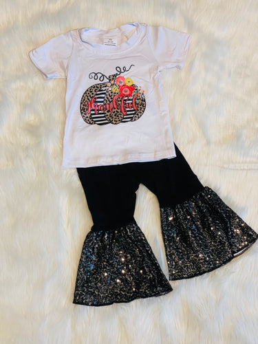 Thankful Leopard Pumpkin 2pc Sequined Bell Pants Set