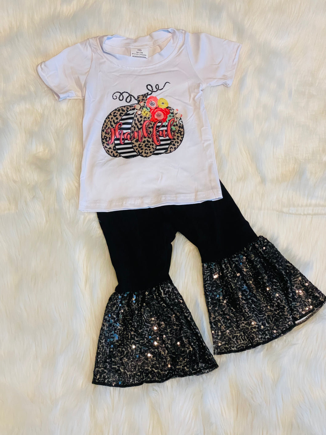 Thankful Leopard Pumpkin 2pc Sequined Bell Pants Set