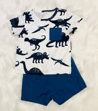 Load image into Gallery viewer, Navy Dinosaur 2pc Short Set With Pocket Shirt