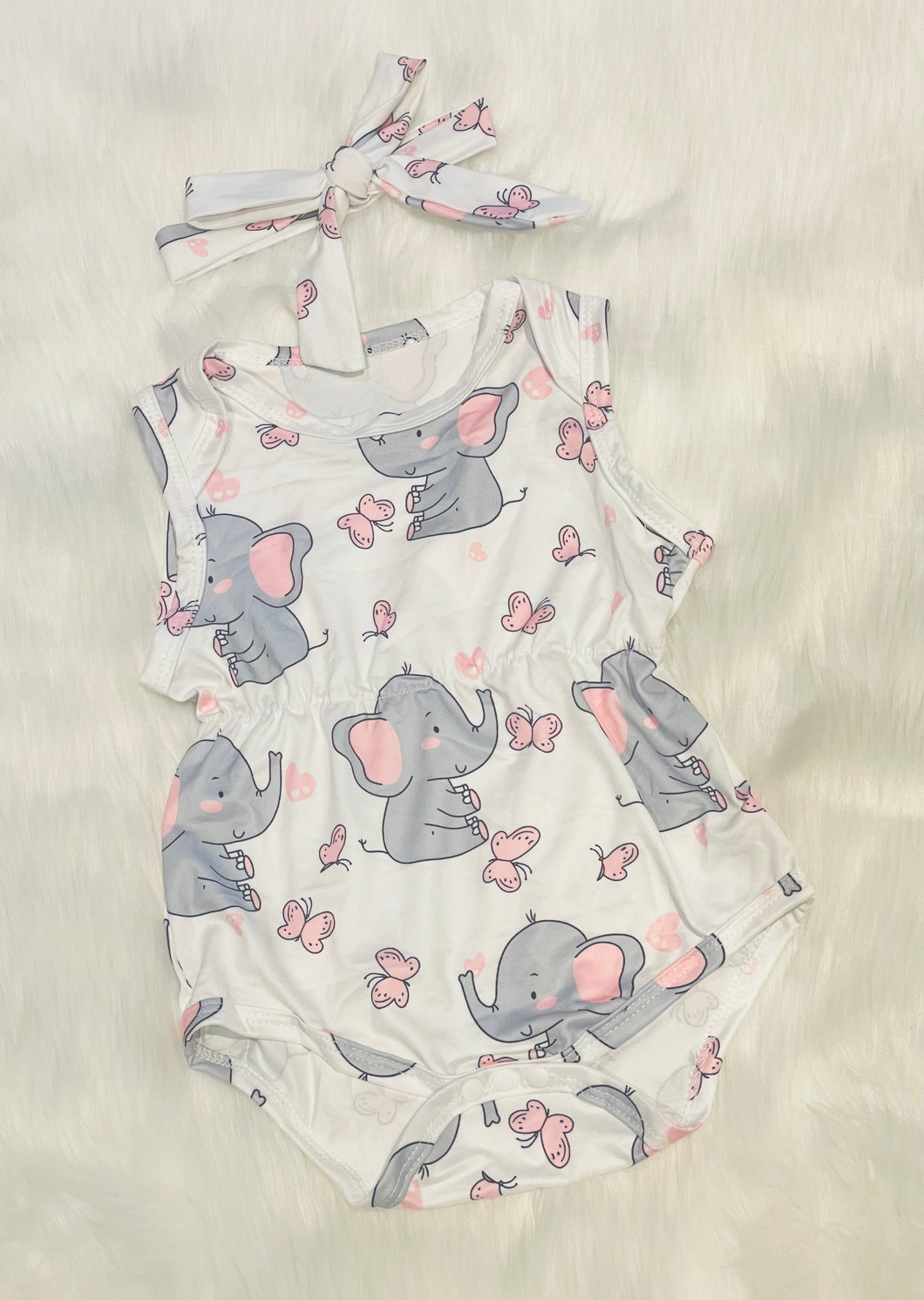 Pink & Grey Elephant 2pc Romper with Headband bow