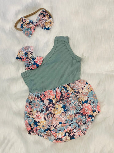 Sage & Floral Romper w/Headband bow