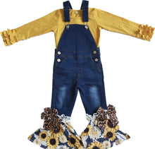 Load image into Gallery viewer, Mustard &amp; Sunflower Ruffle Denium Overalls With Ruffle Sleeve Shirt