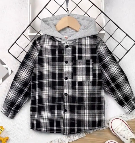 Black & Gray Plaid Hooded Button Up Shacket