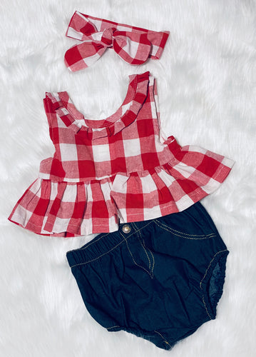 🎈Red Plaid & Denium 3pc Bummie Set