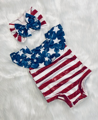 🎈SALE🎈Stars & Stripes Ruffled Collar Romper W/ Headband Bow