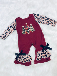 Burgundy/Leopard Christmas Tree Romper