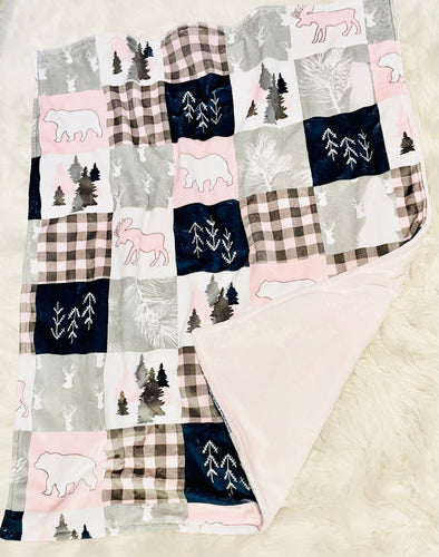 Woodland/Pink Plaid Patchwork Soft Minky Fur Blanket