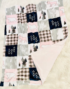 Woodland/Pink Plaid Patchwork Soft Minky Fur Blanket