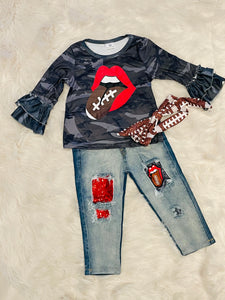 🎈SALE🎈 Football 3 pc Outfit with Ruffled Sleeves, Distressed Pants & Headband/Belt