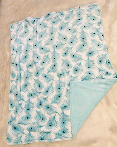 Teal Peacock Feather Soft Minky Fur Baby Blanket