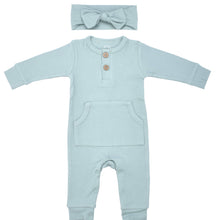 Load image into Gallery viewer, Three Little Tots Baby Ribbed Playsuit with Pocket and matching headband bow