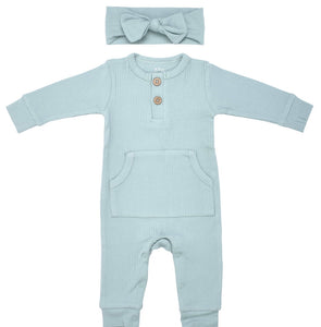 Three Little Tots Baby Ribbed Playsuit with Pocket and matching headband bow