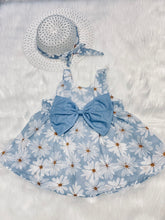 Load image into Gallery viewer, 🎈SALE🎈Slate Blue &amp; Daisies Sundress with Hat