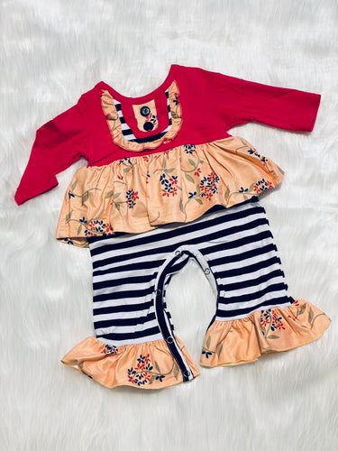 🎈SALE🎈Red & Mustard Striped Floral Ruffled Romper